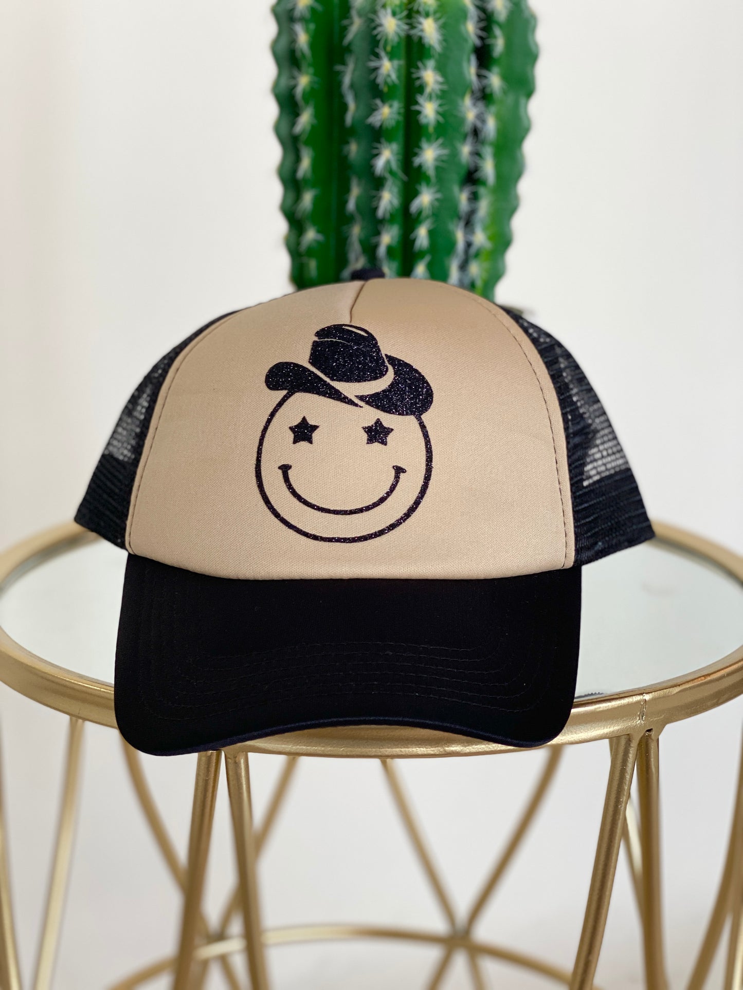 Howdy Smiley Trucker Hat - Tan and Black