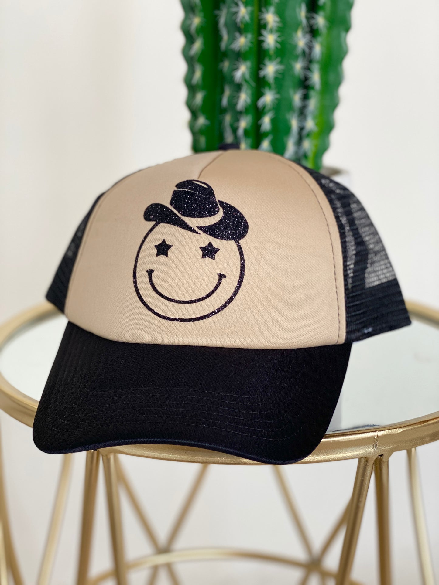 Howdy Smiley Trucker Hat - Tan and Black