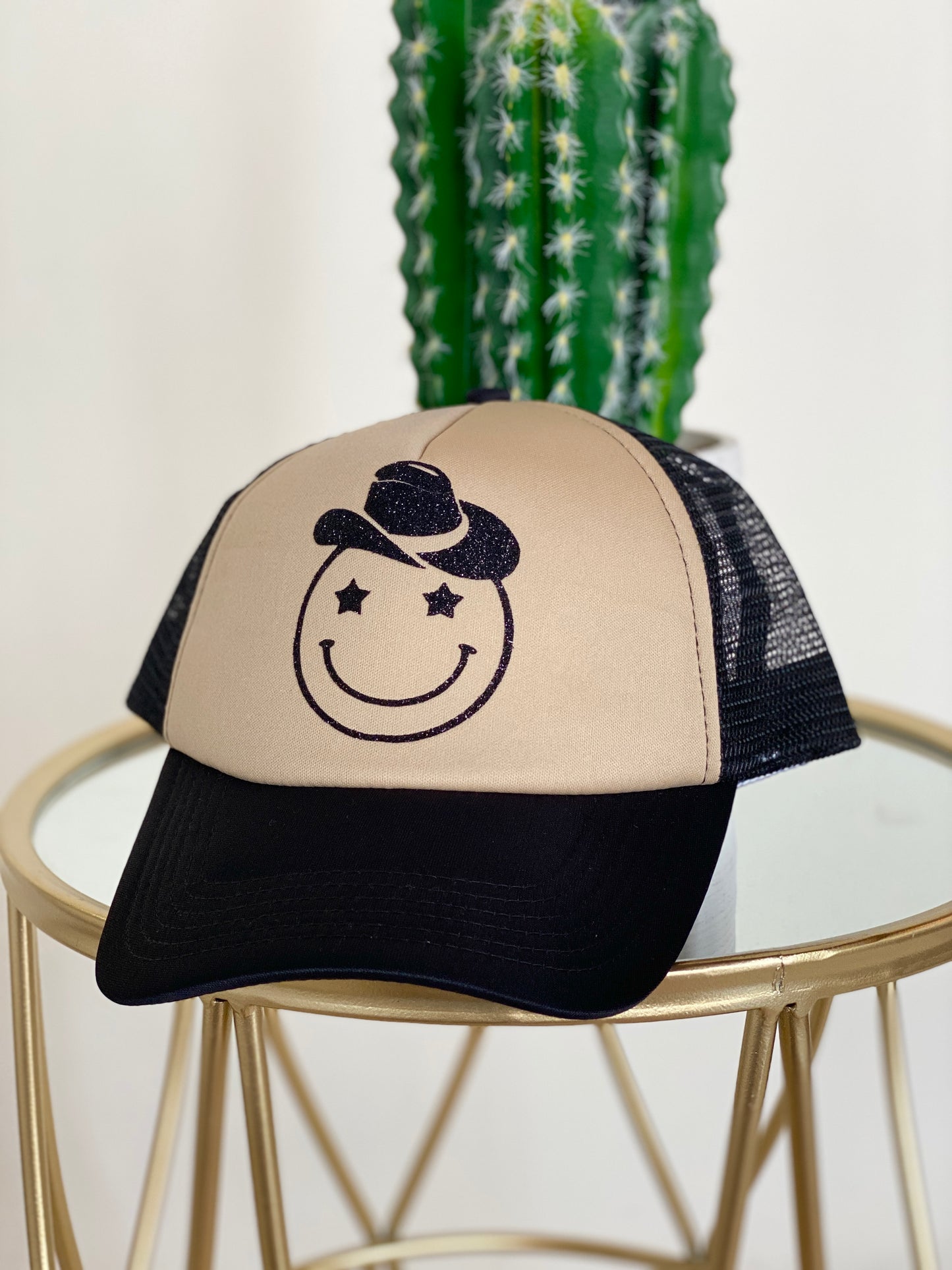 Howdy Smiley Trucker Hat - Tan and Black