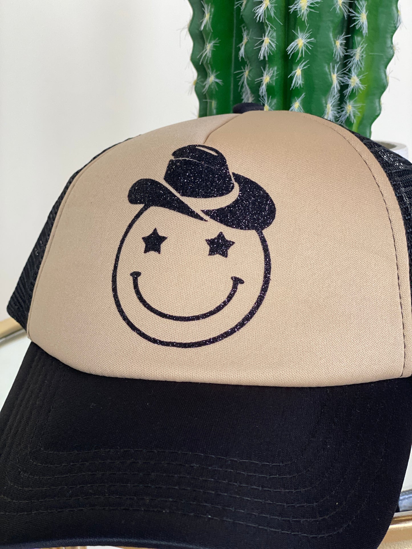 Howdy Smiley Trucker Hat - Tan and Black