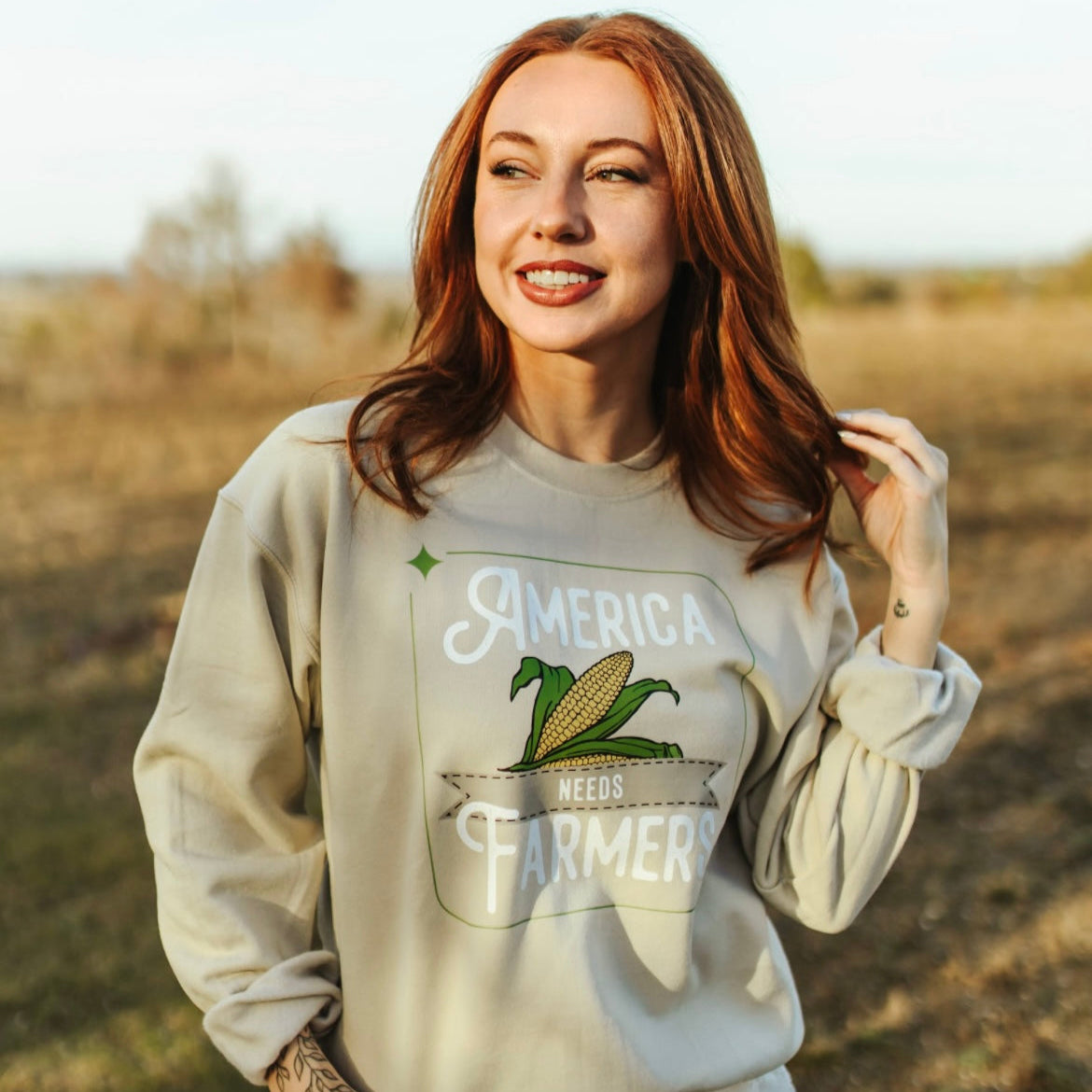 America Needs Farmers Graphic Sweatshirt - Sand