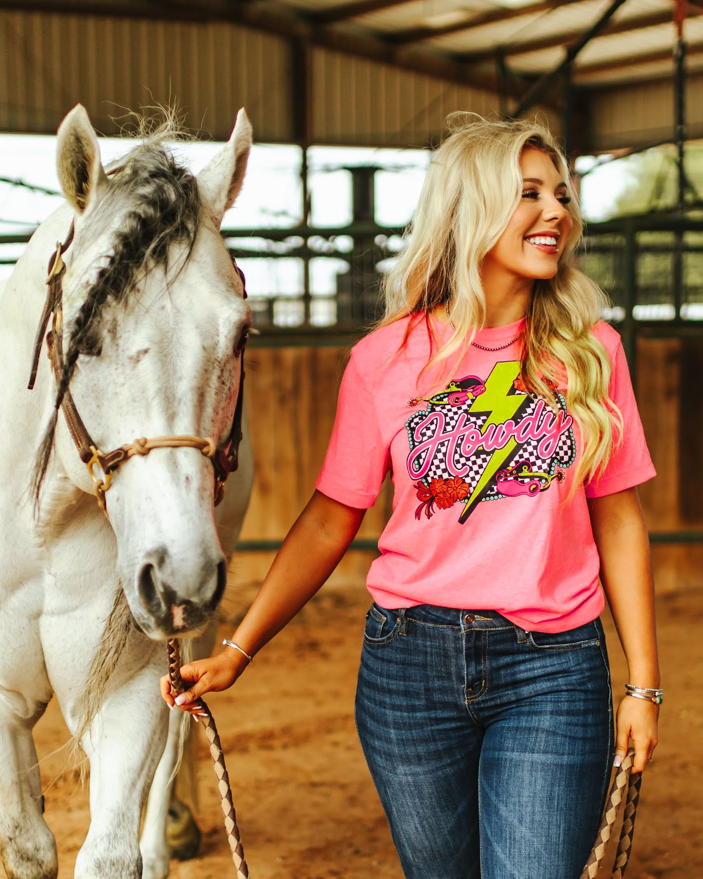 Neon Howdy Graphic Tee - Heather Neon Pink