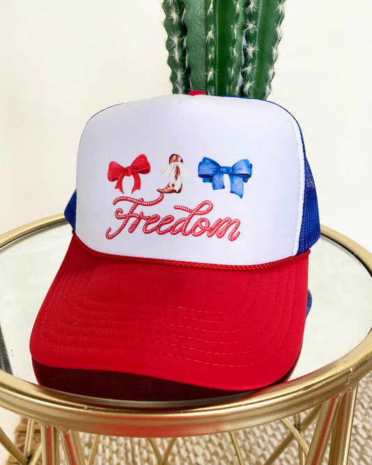 Boots, Bows, Freedom Trucker Hat - Red White and Blue