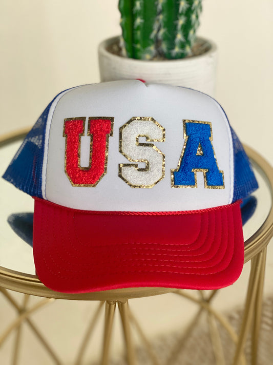 USA Chenille Letters Trucker Hat - Red White and Blue