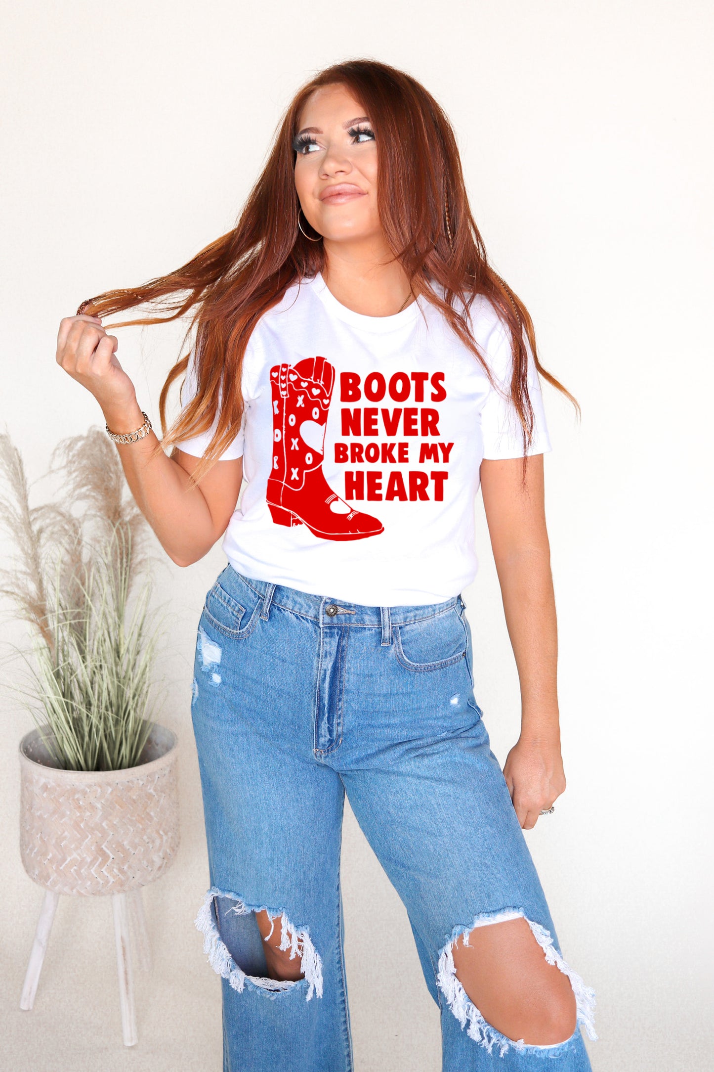 Boots Never Broke My Heart Western Valentines Day - White Tee