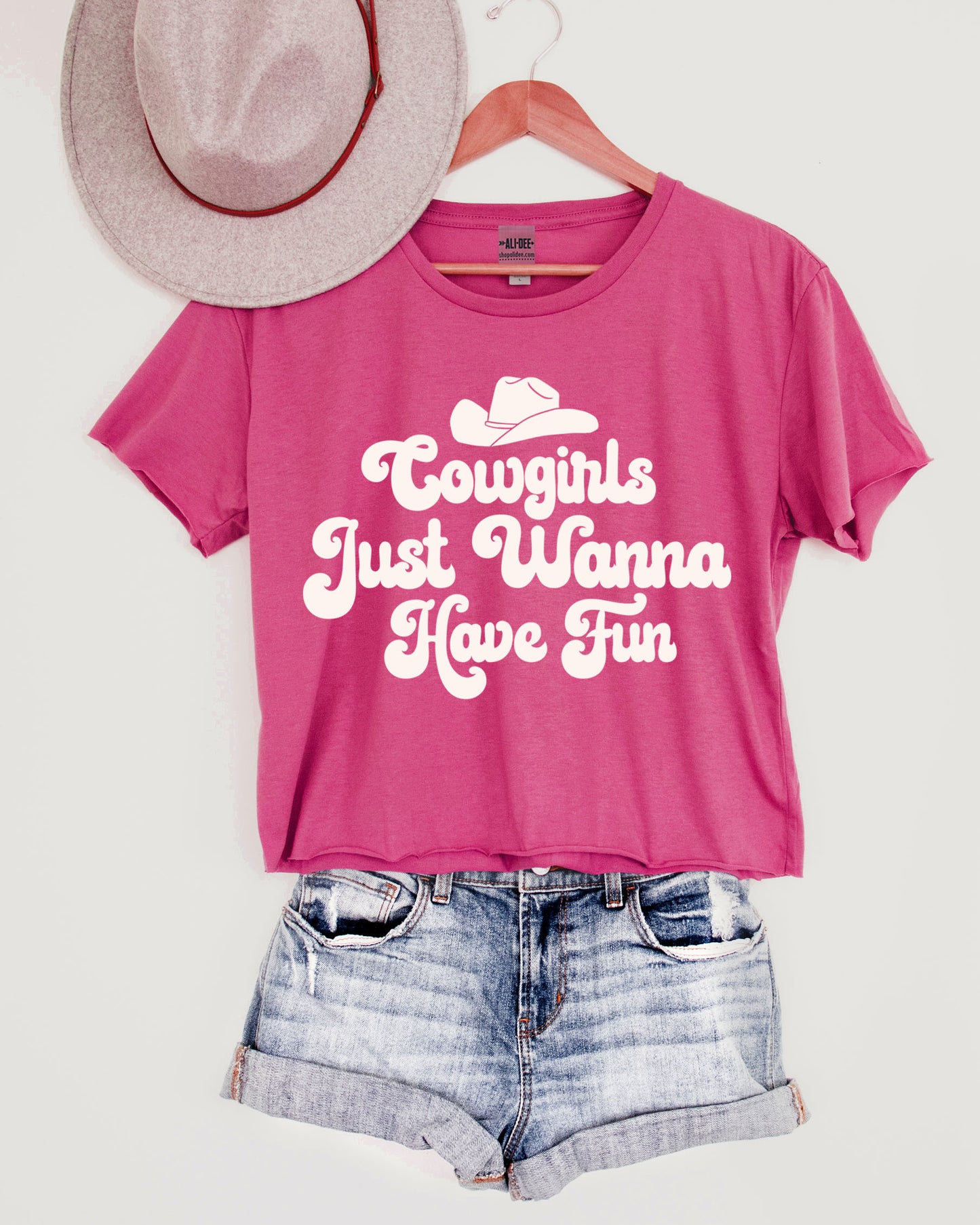 Cowgirls Just Wanna Have Fun Crop Graphic Tee - Fuchsia