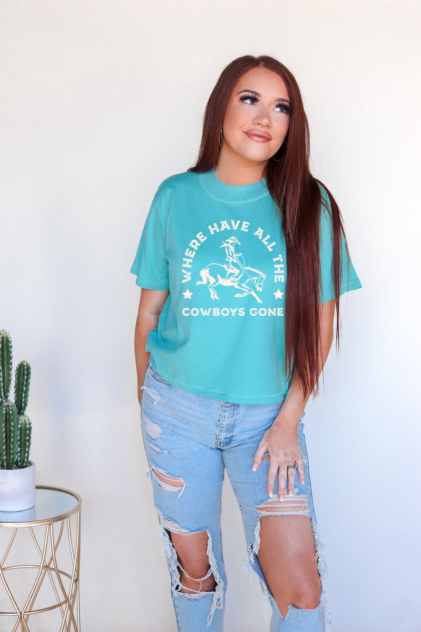 Where Have All the Cowboys Gone Western Graphic Modern Crop Tee - Saltwater