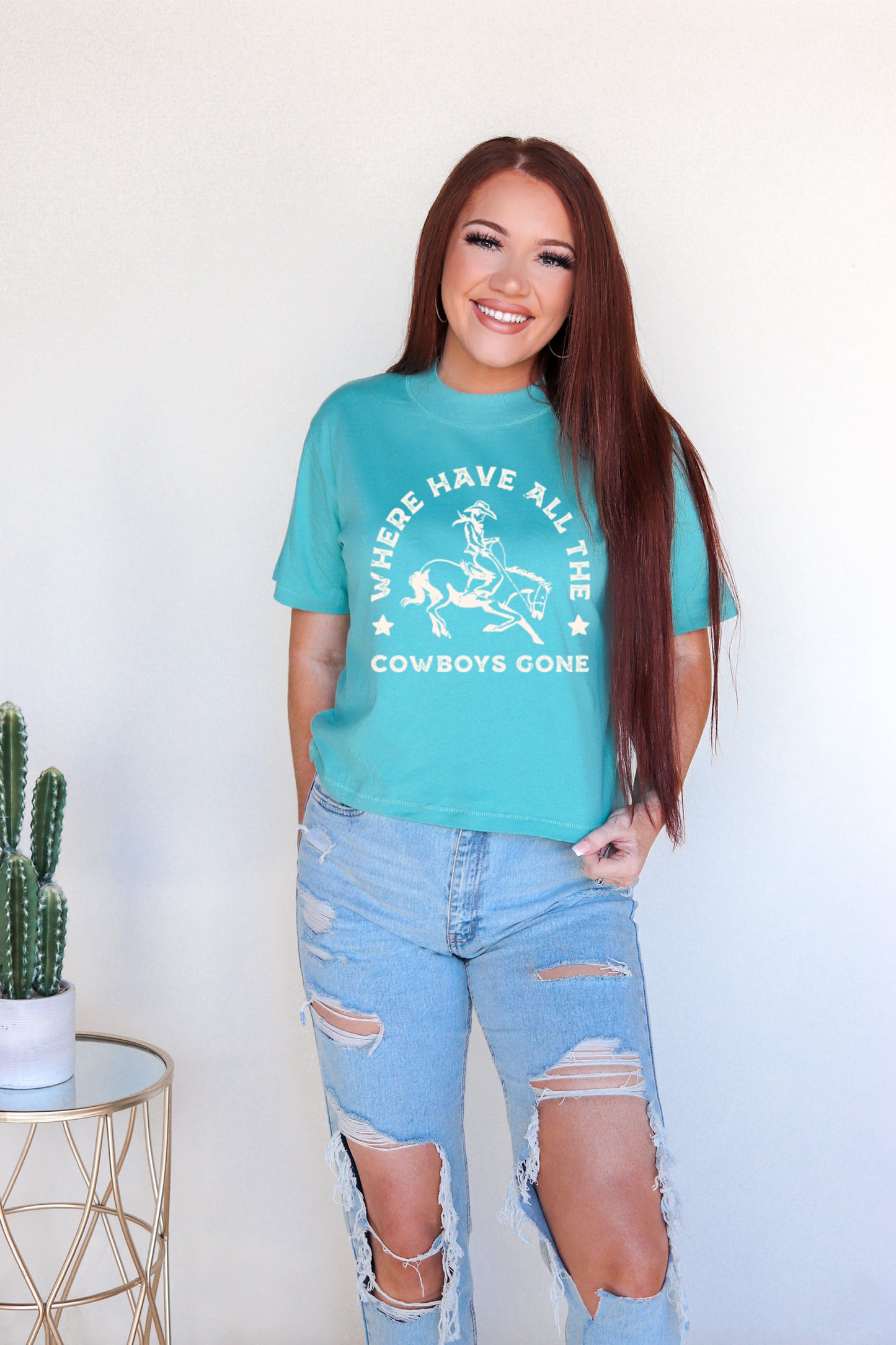 Where Have All the Cowboys Gone Western Graphic Modern Crop Tee - Saltwater