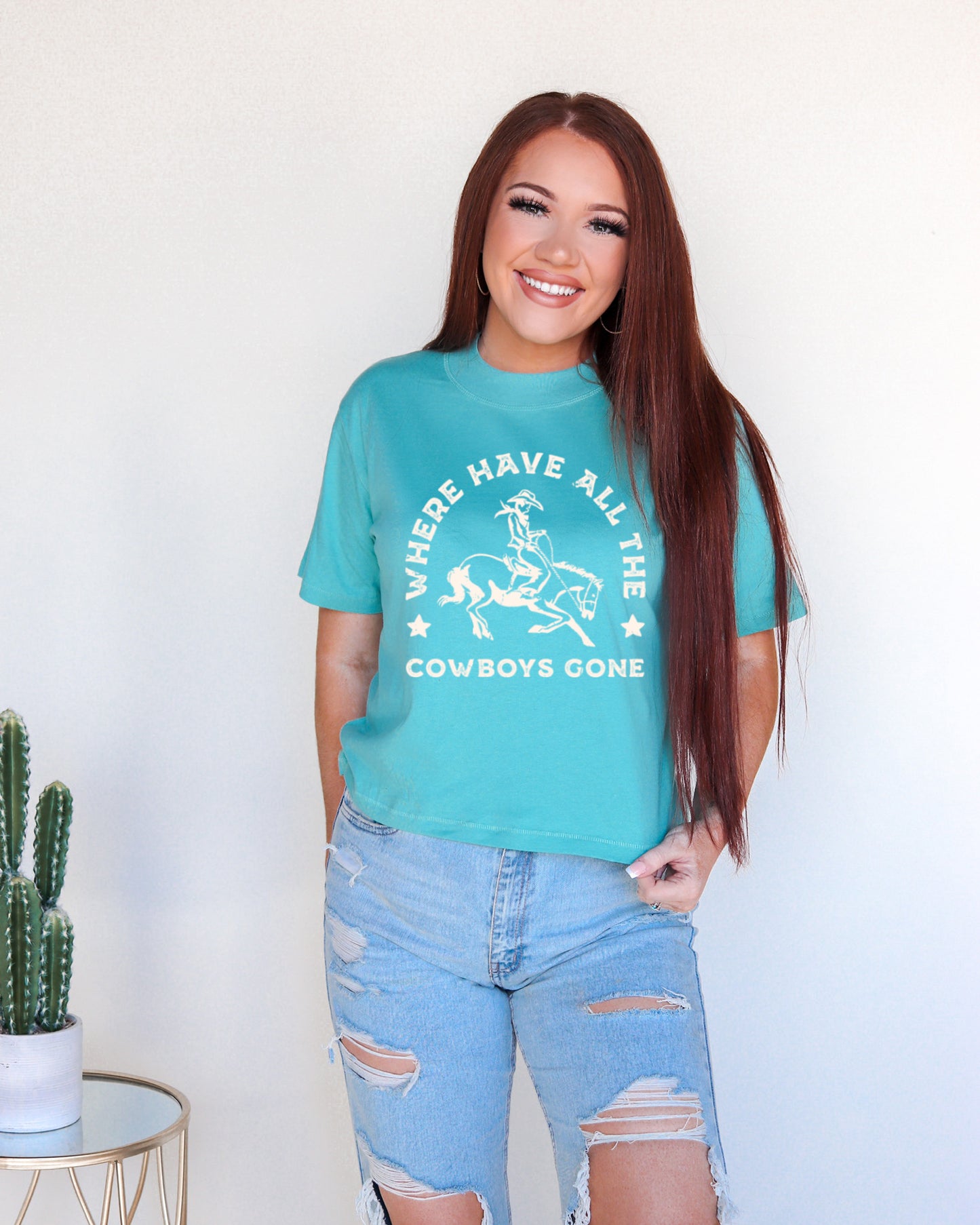 Where Have All the Cowboys Gone Western Graphic Modern Crop Tee - Saltwater