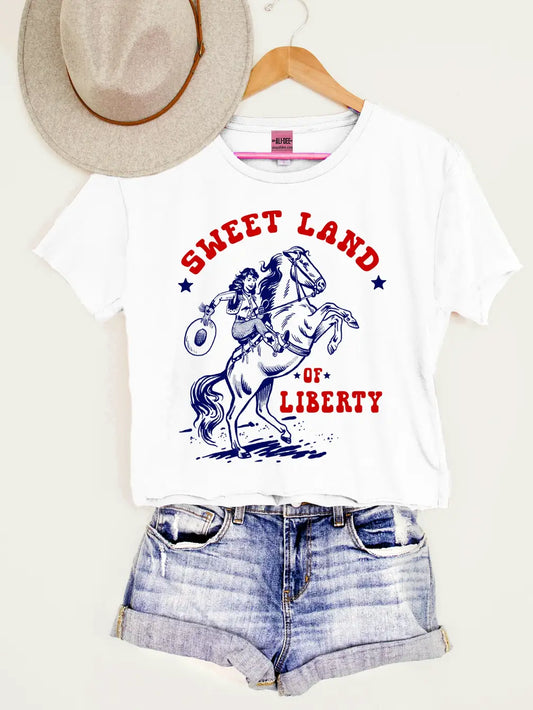 Sweet Land of Liberty Western Graphic Crop Tee - White
