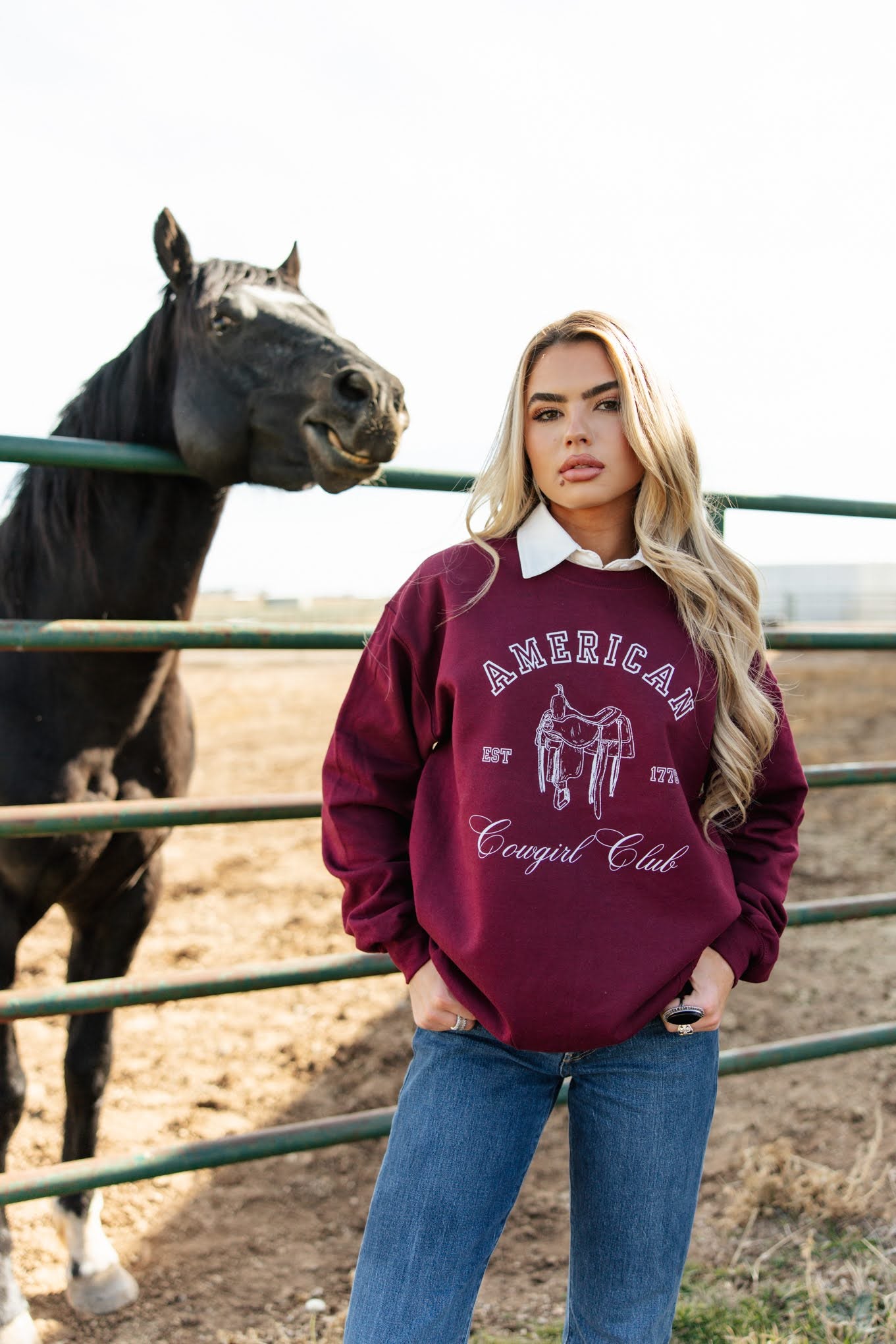 American Cowgirl Club Pullover Sweatshirt - Maroon
