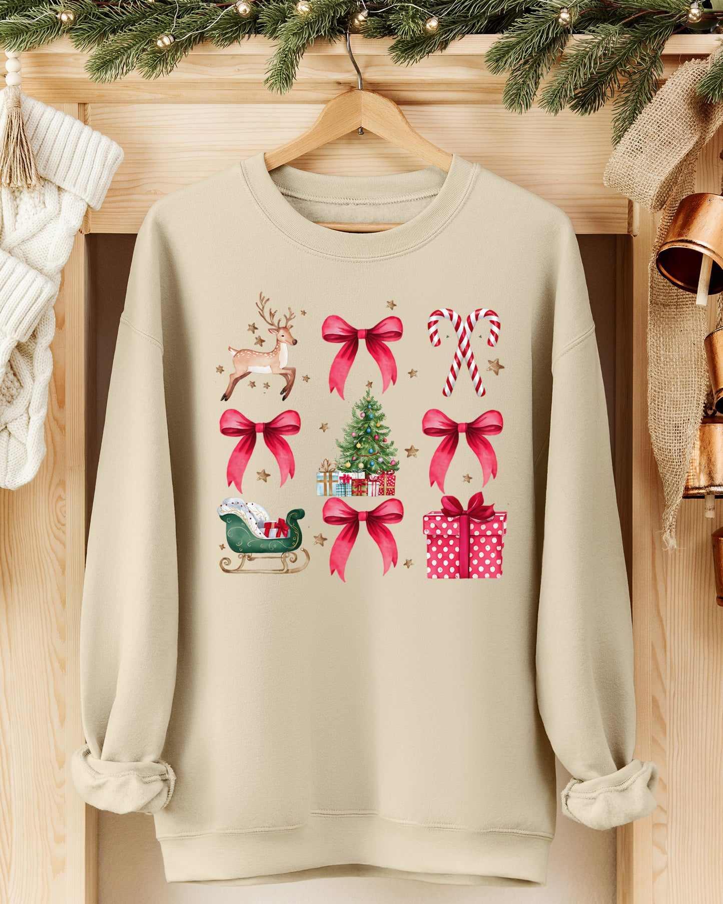 Red Bows Christmas Graphic Sweatshirt - Sand