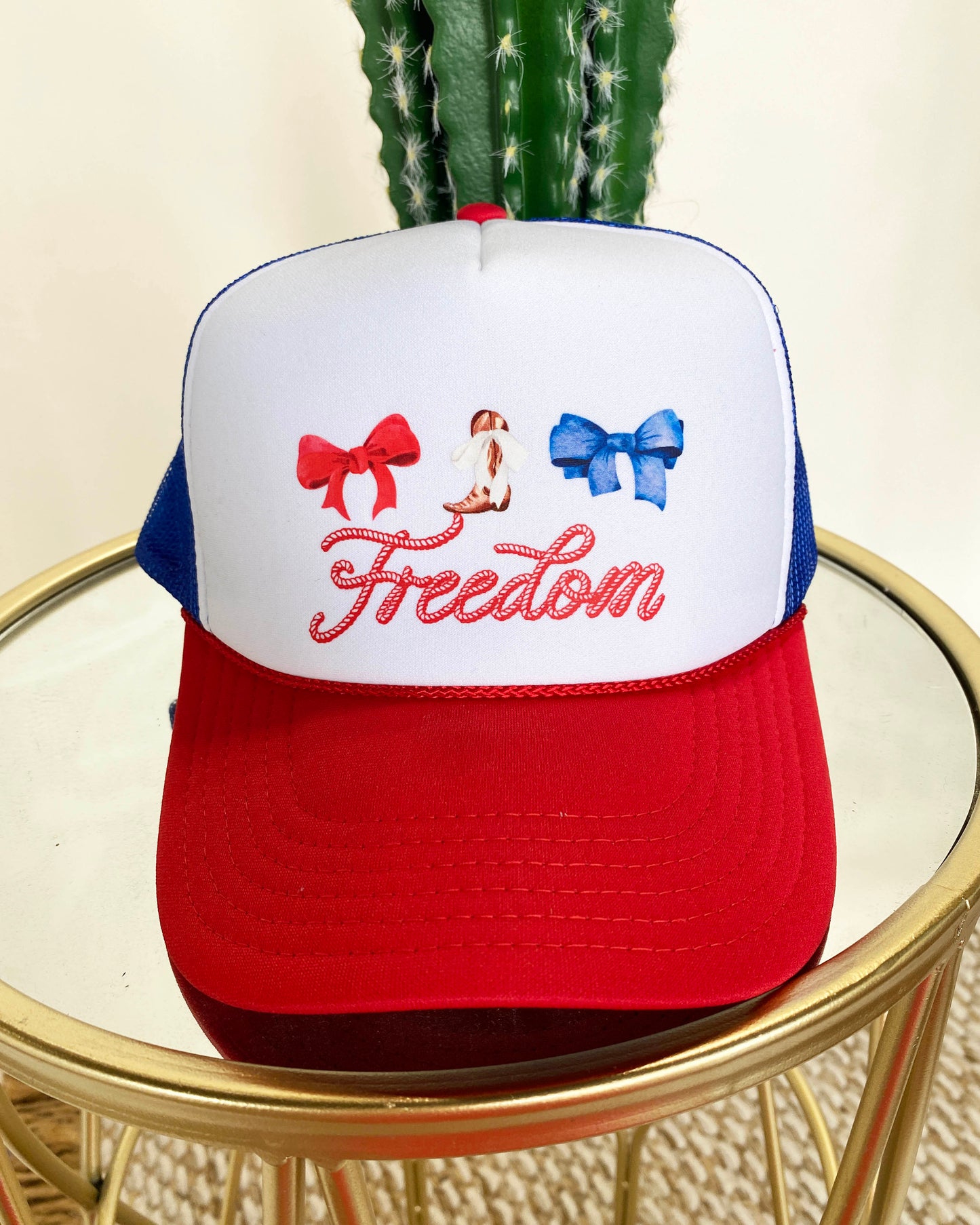 Boots, Bows, Freedom Trucker Hat - Red White and Blue