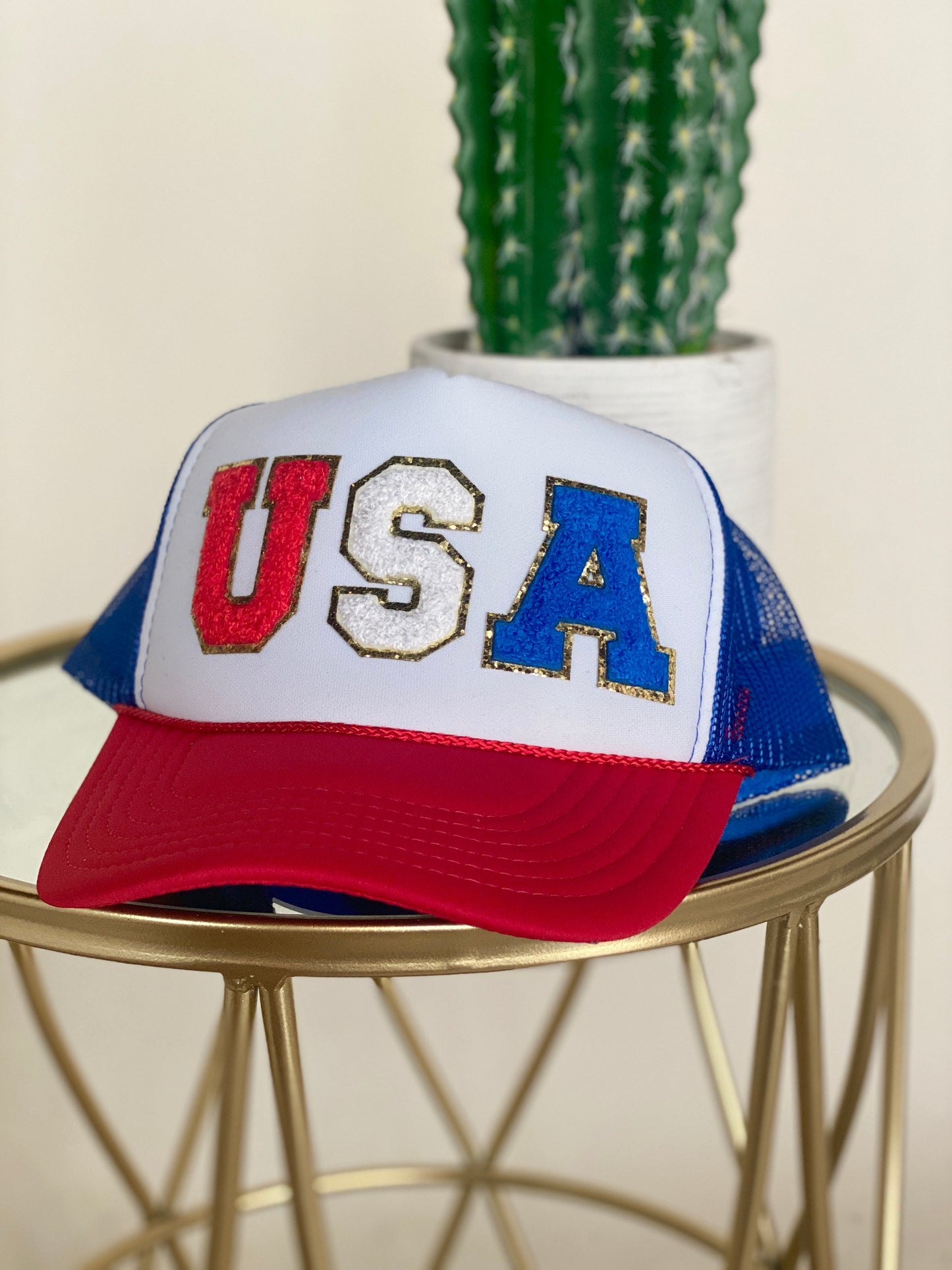 USA Chenille Letters Trucker Hat - Red White and Blue