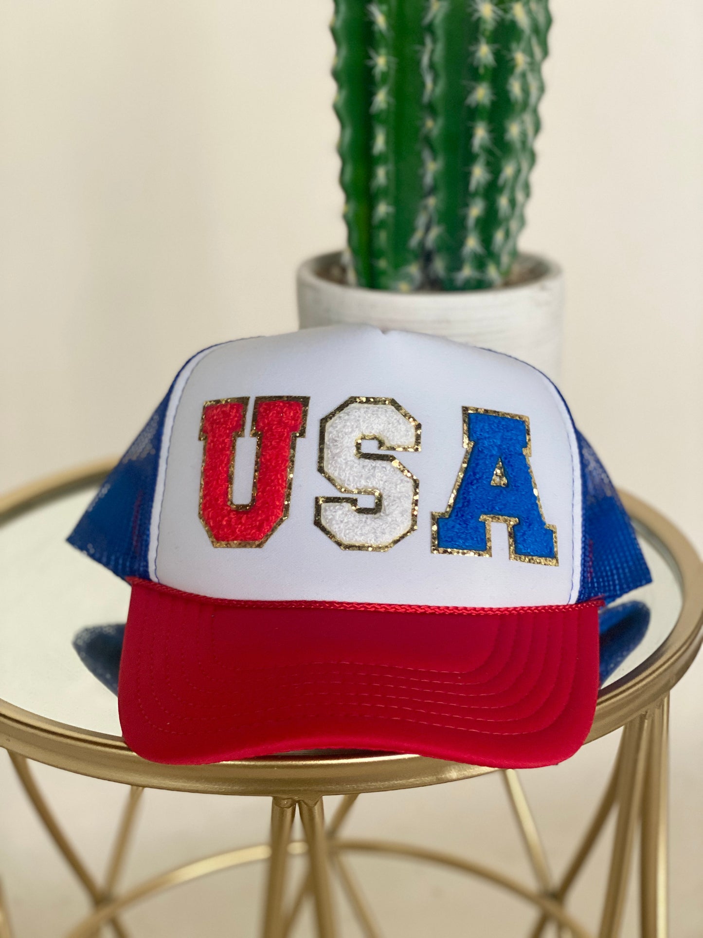 USA Chenille Letters Trucker Hat - Red White and Blue