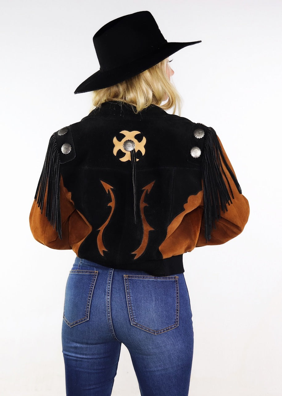 Vintage Western Suede Fringe Concho Bomber Jacket
