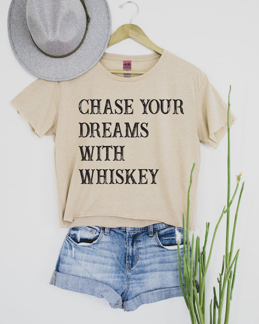 Chase Your Dreams with Whiskey Crop Graphic Tee - Vintage White