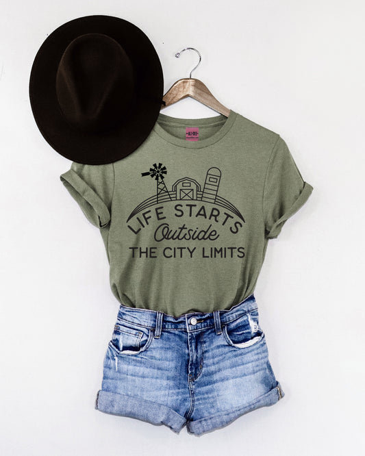 Life Starts Outside the City Limits Western Graphic Tee - Heather Military Green